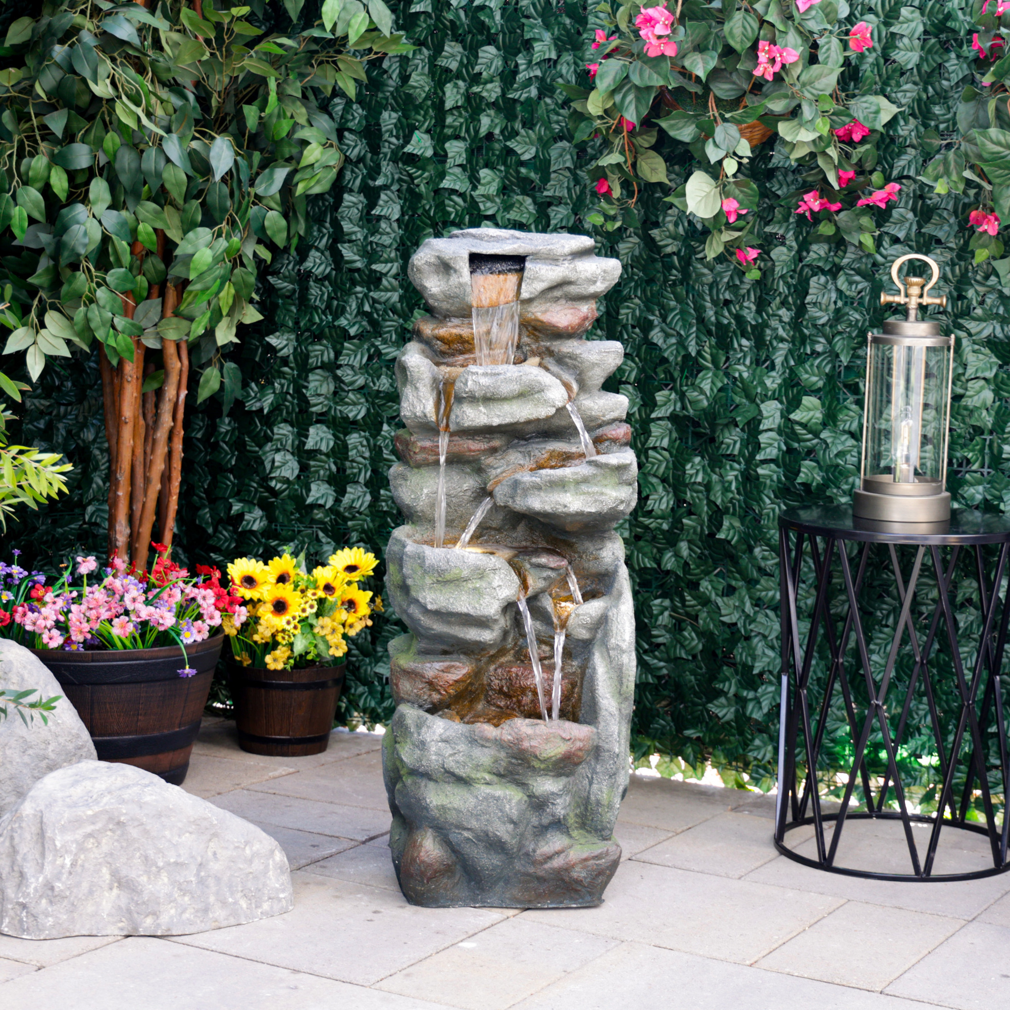 Alpine Corporation TZL394 39" Multi Level Rock Fountain with LED Lights, Elegant Outdoor Water Feature for Garden, Patio, Lawn & Backyard Decor, Cascading Waterfall Design, Gray